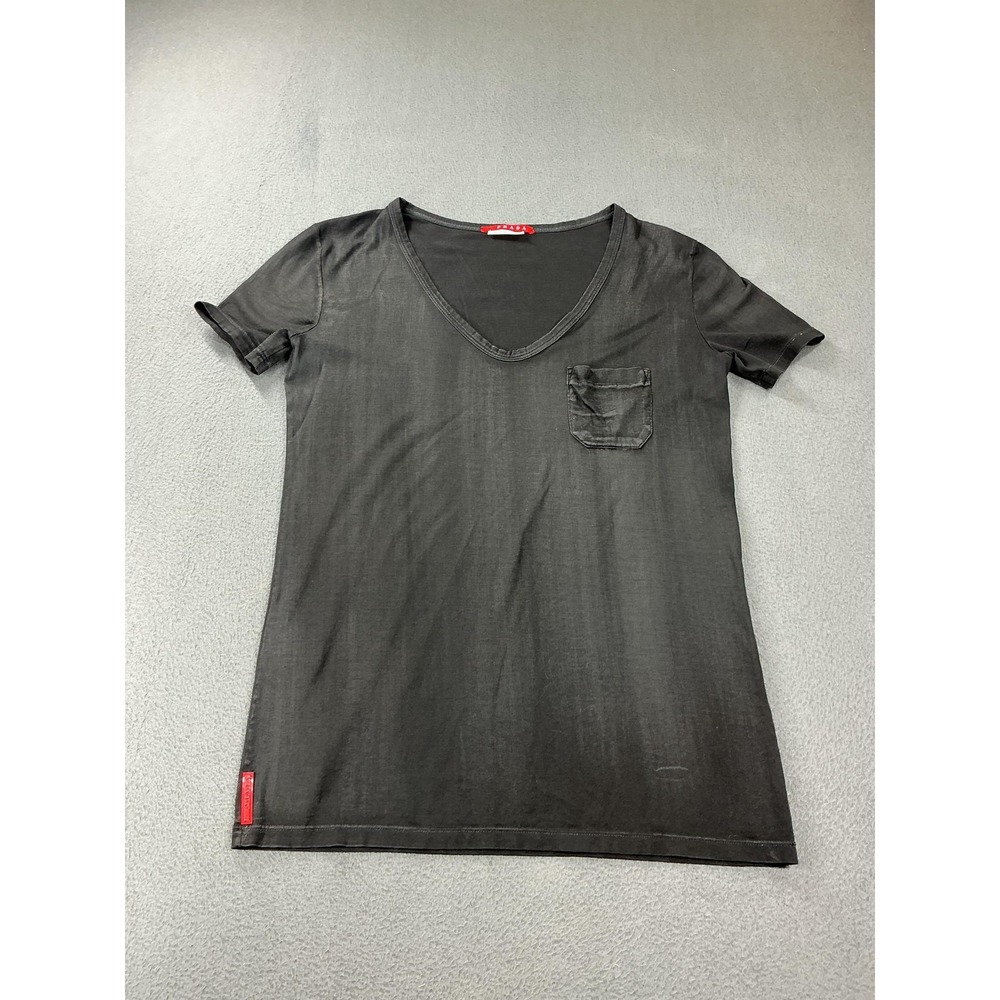 PRADA Shirt Womens M Black V-Neck Slim 100% Cotton Jersey Basic Quiet Luxury